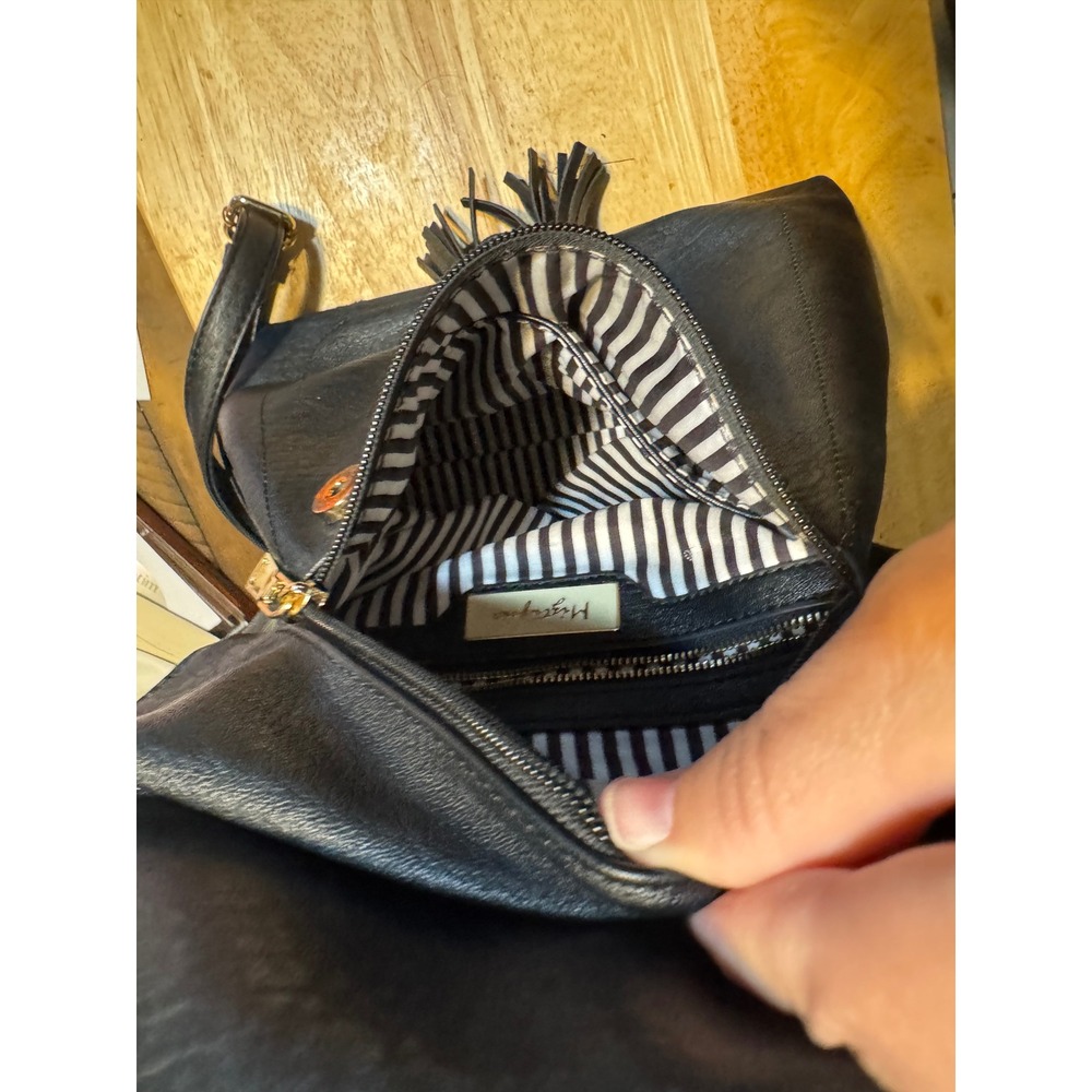 Mystique Black Vegan Leather Tassel Backpack Gold Hardware Striped Lining - Picture 6 of 7